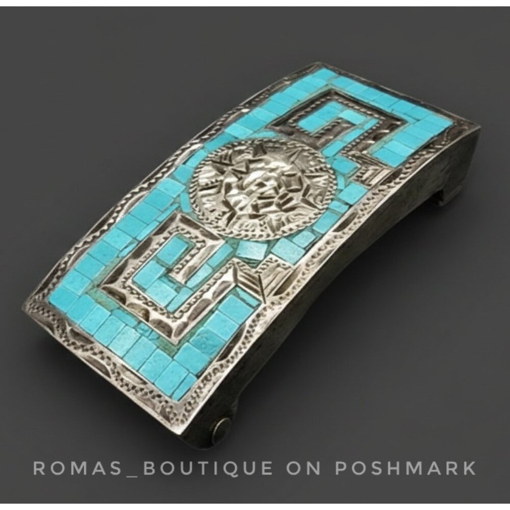 vintage Mexican sterling silver belt buckle with a turquoise chip inlay